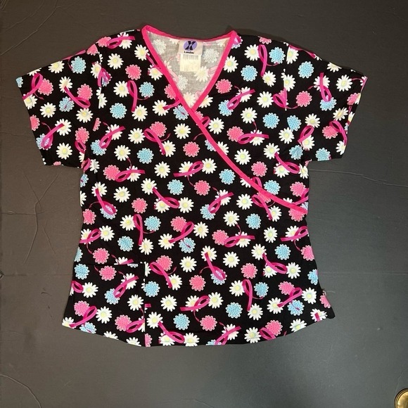 Breast Cancer Awareness Medical Scrub Top Pink‎ Landau Sz Large - Picture 1 of 8